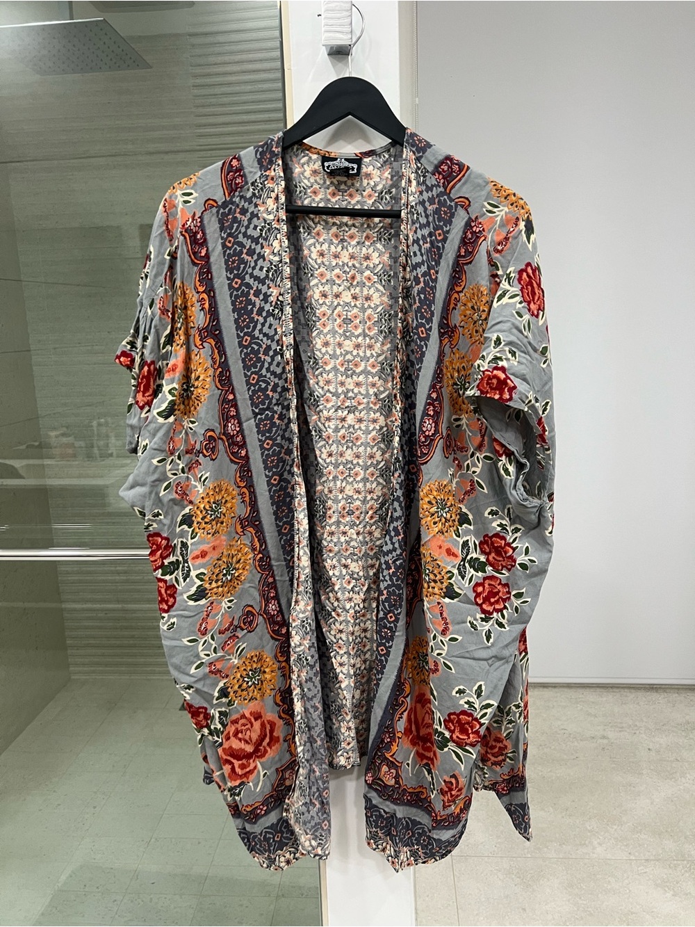 Angie Grey Open-Front Floral Kimono with Red & Orange Blooms